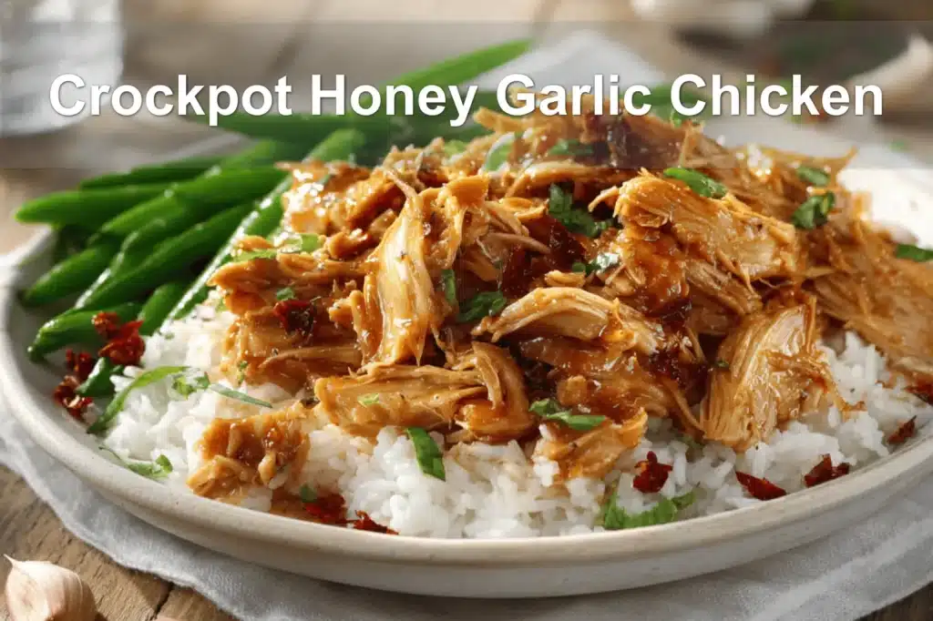 Crockpot Honey Garlic Chicken plated with rice green beans and sticky honey garlic glaze
