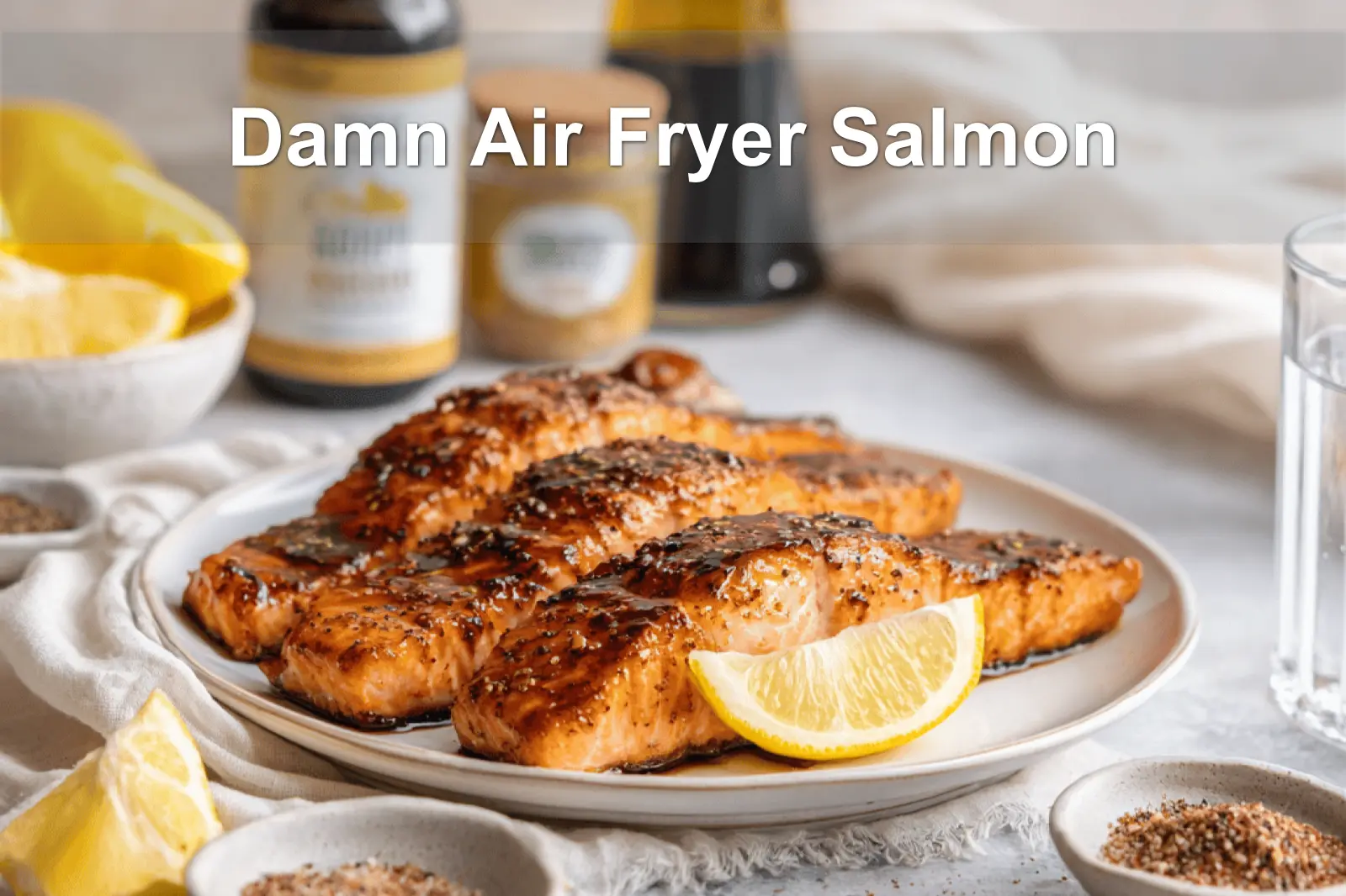 Damn Air Fryer Salmon plated with lemon slices honey soy glaze olive oil bottle beside glass
