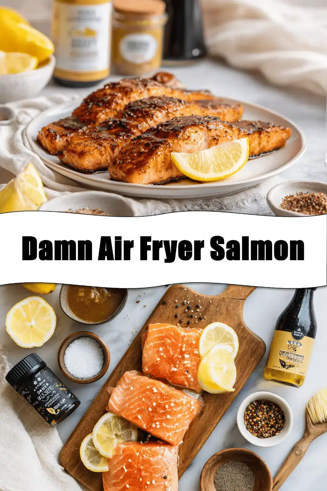 Damn Air Fryer Salmon plated with lemon slices honey soy glaze olive oil bottle beside glass_pin