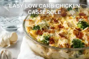 EASY LOW CARB CHICKEN CASSEROLE golden baked casserole with bacon broccoli and melted cheese hero image