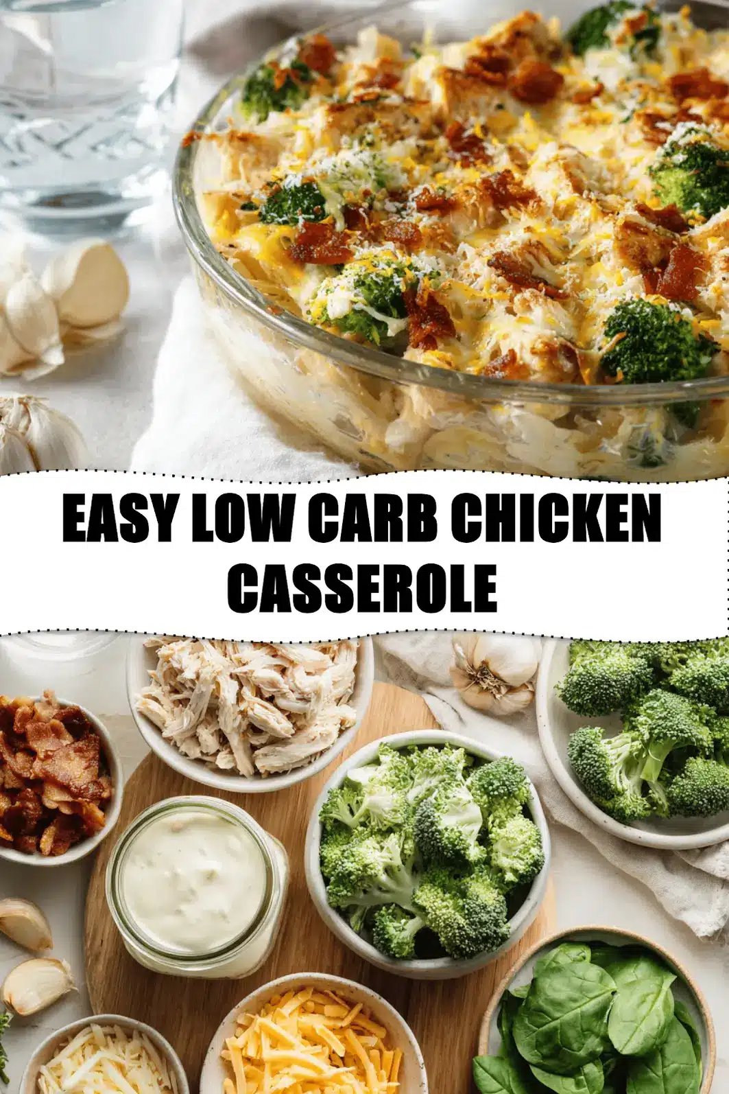 EASY LOW CARB CHICKEN CASSEROLE golden baked casserole with bacon broccoli and melted cheese hero image_pin