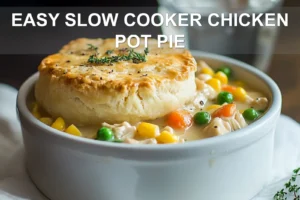 EASY SLOW COOKER CHICKEN POT PIE hero with golden biscuits creamy filling and shredded chicken