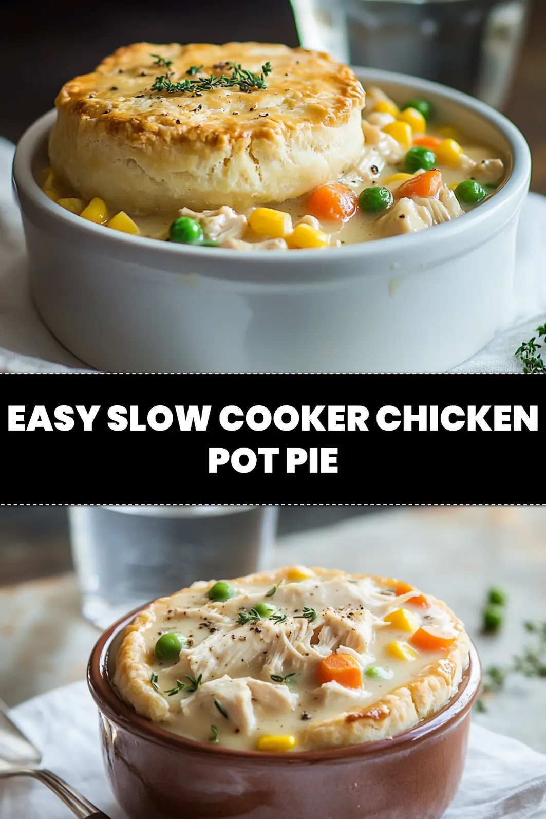 Easy Slow Cooker Chicken Pot Pie: Irresistibly Delicious Recipe 3 EASY SLOW COOKER CHICKEN POT PIE hero with golden biscuits creamy filling and shredded chicken_pin