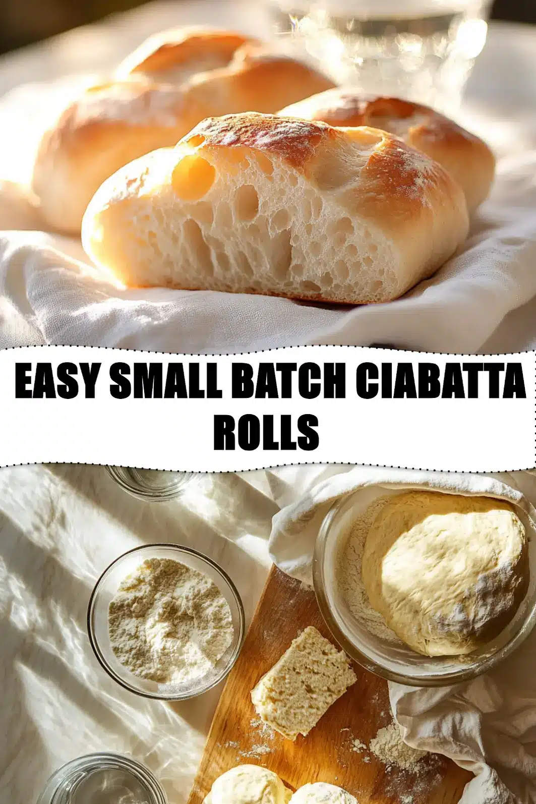 Easy Small Batch Ciabatta Rolls: Perfect Delicious Bread 3 EASY SMALL BATCH CIABATTA ROLLS golden crust airy crumb on white napkin_pin