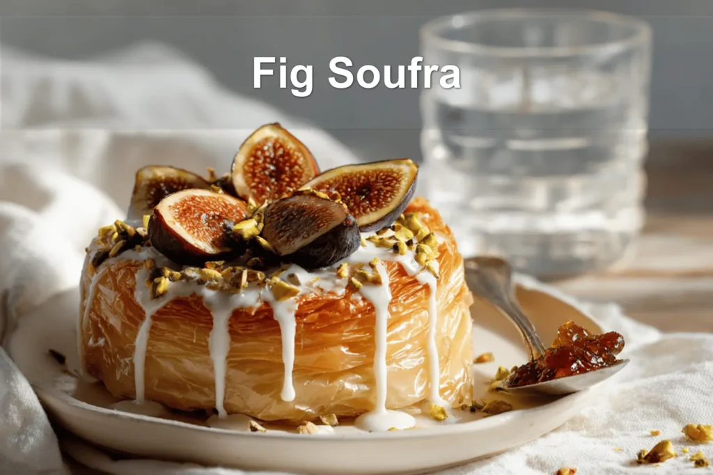 Fig Soufra plated with fresh figs, pistachios, honey glaze, creamy white sauce, warm tones