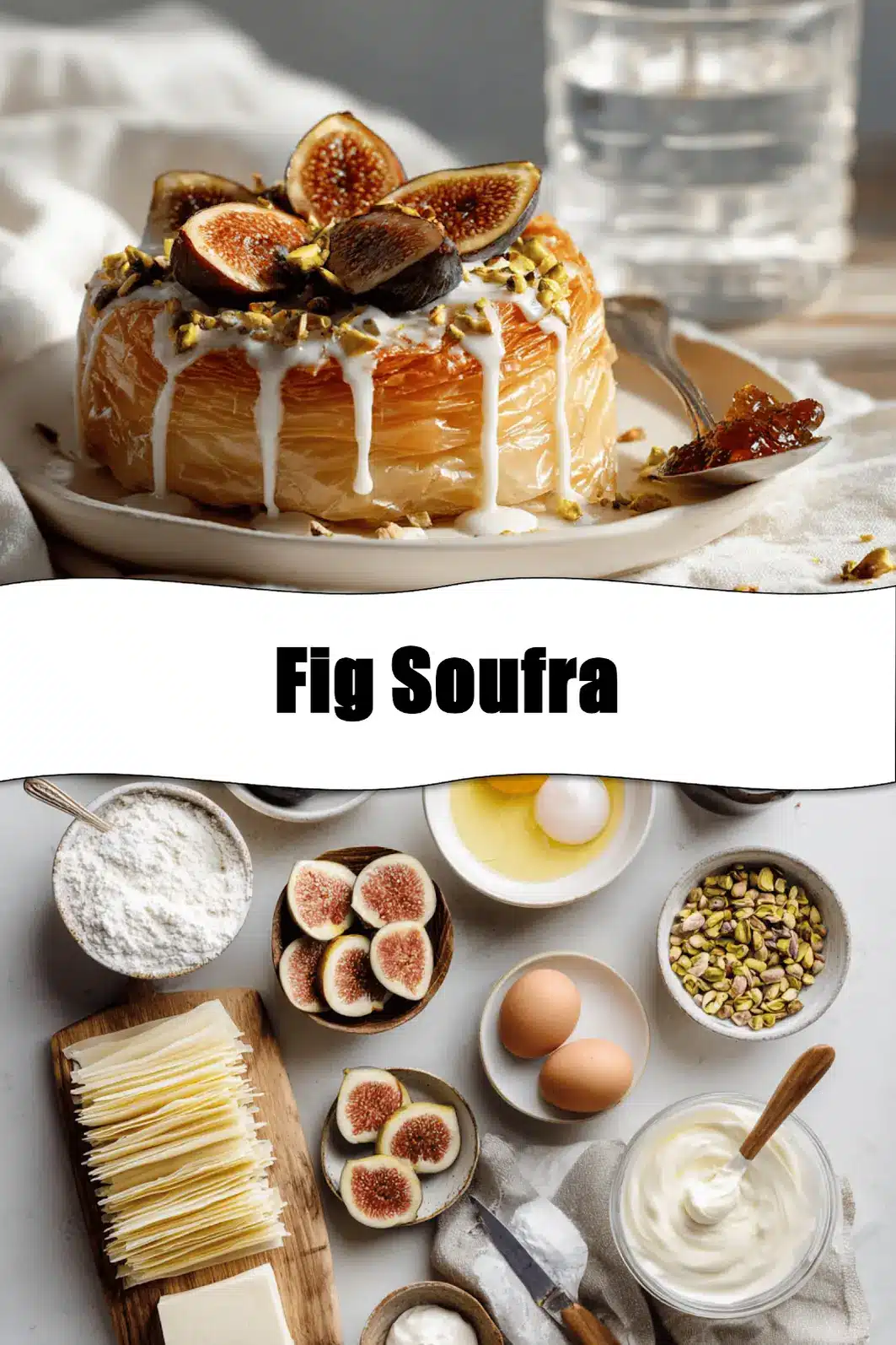 Fig Soufra plated with fresh figs, pistachios, honey glaze, creamy white sauce, warm tones_pin
