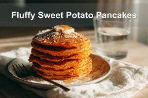 Fluffy Sweet Potato Pancakes stacked with melted butter and syrup on white napkin beside clear water glass