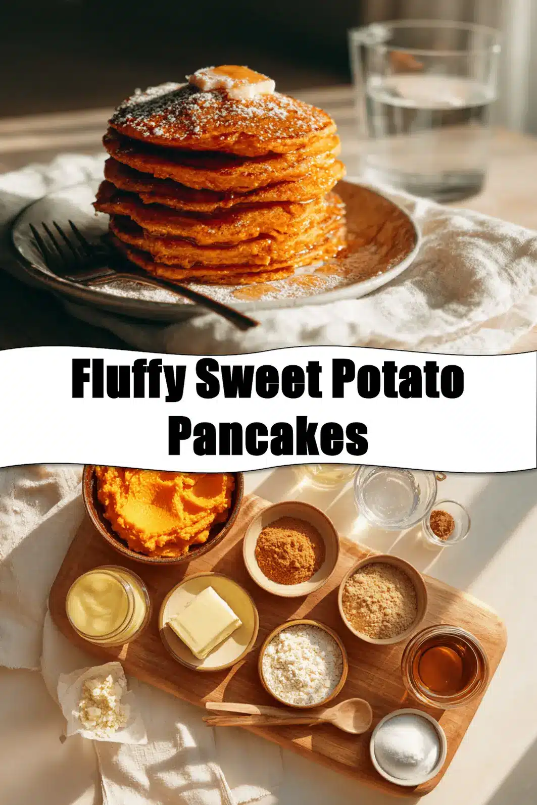 Fluffy Sweet Potato Pancakes stacked with melted butter and syrup on white napkin beside clear water glass_pin