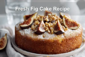 Fresh Fig Cake Recipe topped with sliced figs and powdered sugar, warm golden crumb