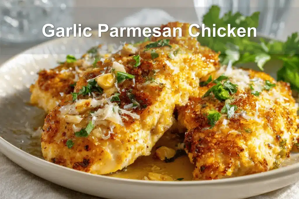 Garlic Parmesan Chicken plated with golden crust fresh herbs and grated cheese on white napkin