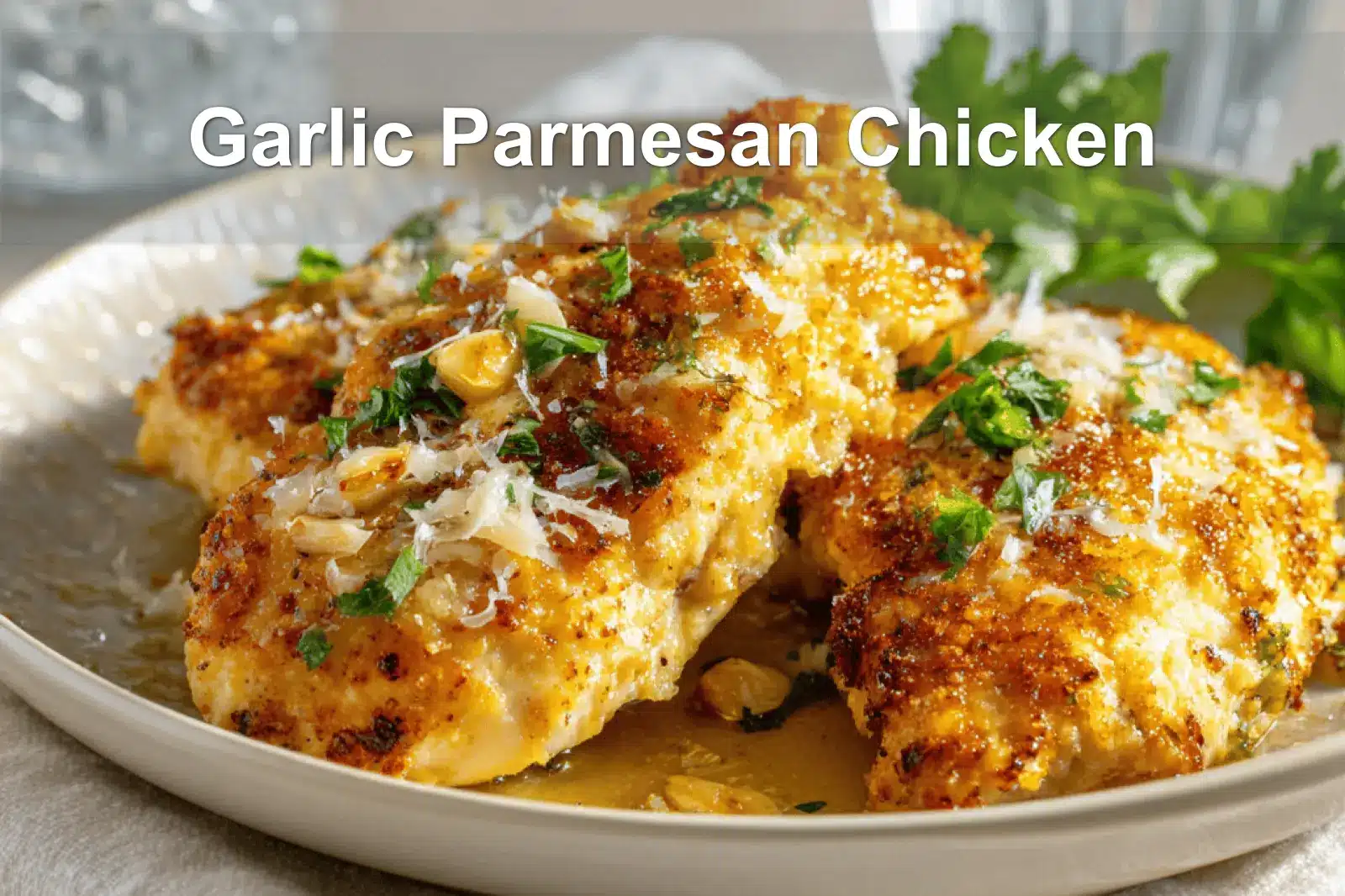 Garlic Parmesan Chicken Recipe: Irresistibly Delicious Ideas 3 Garlic Parmesan Chicken plated with golden crust fresh herbs and grated cheese on white napkin