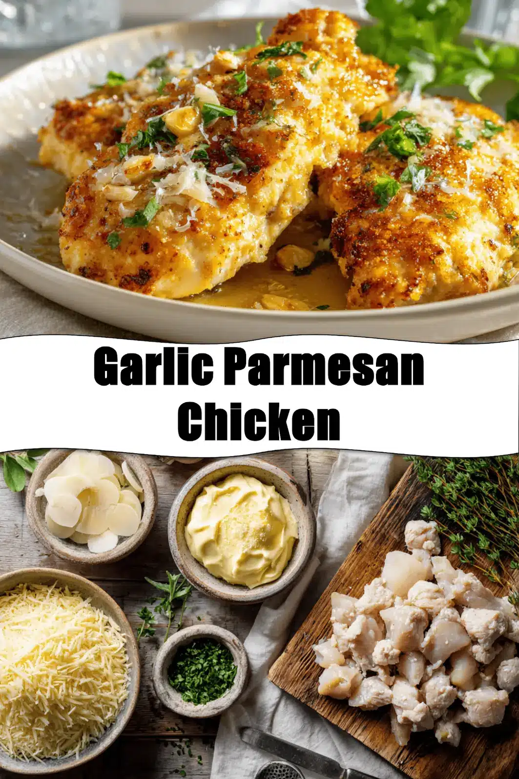 Garlic Parmesan Chicken Recipe: Irresistibly Delicious Ideas 2 Garlic Parmesan Chicken plated with golden crust fresh herbs and grated cheese on white napkin_pin