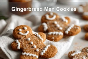 Gingerbread Man Cookies on white cloth with water glass warm festive close up