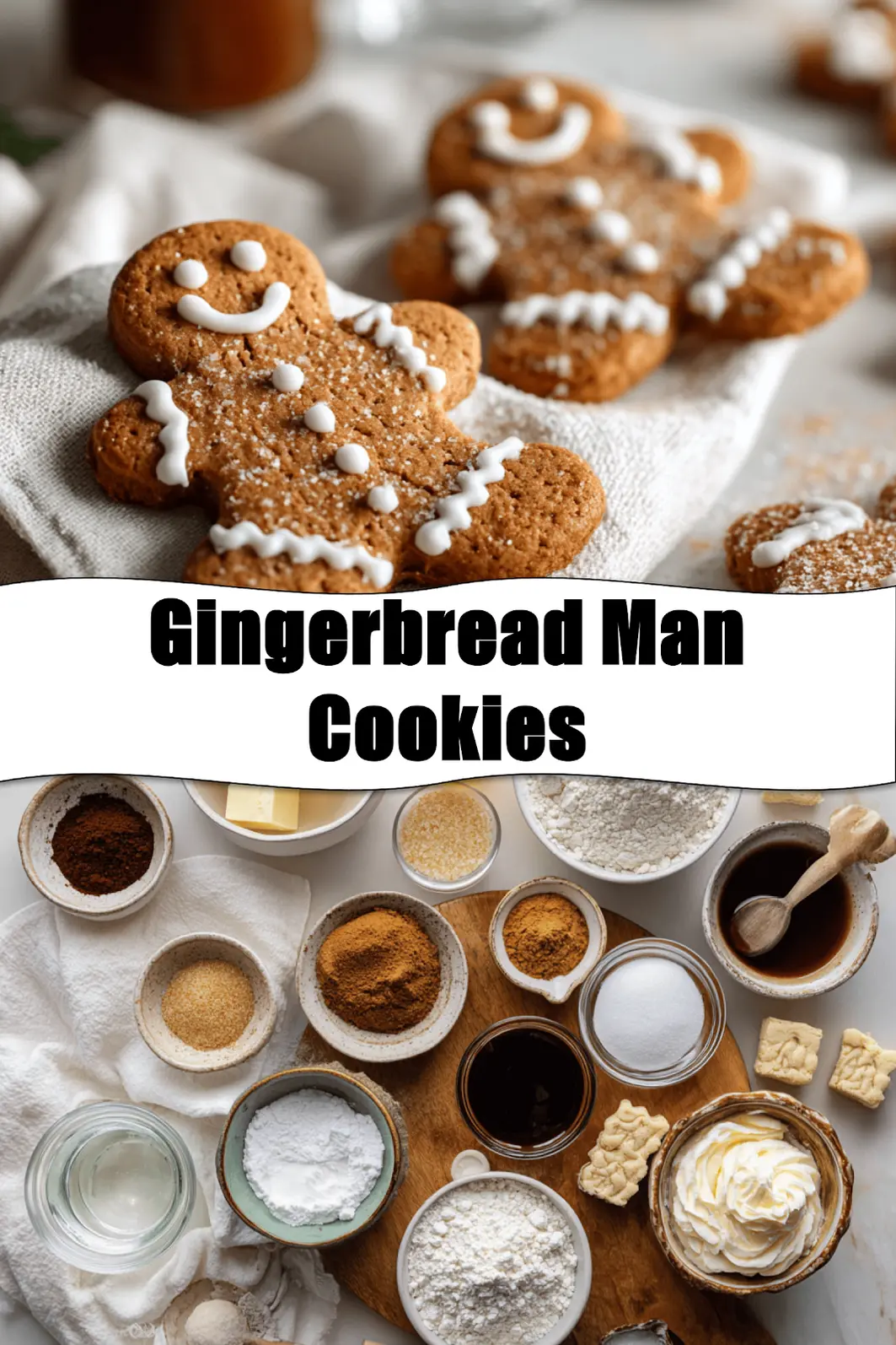Gingerbread Man Cookies: Irresistibly Easy Recipe 2 Gingerbread Man Cookies on white cloth with water glass warm festive close up_pin