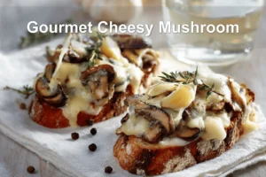 Gourmet Cheesy Mushroom crostini with melted cheese thyme and olive oil on sourdough