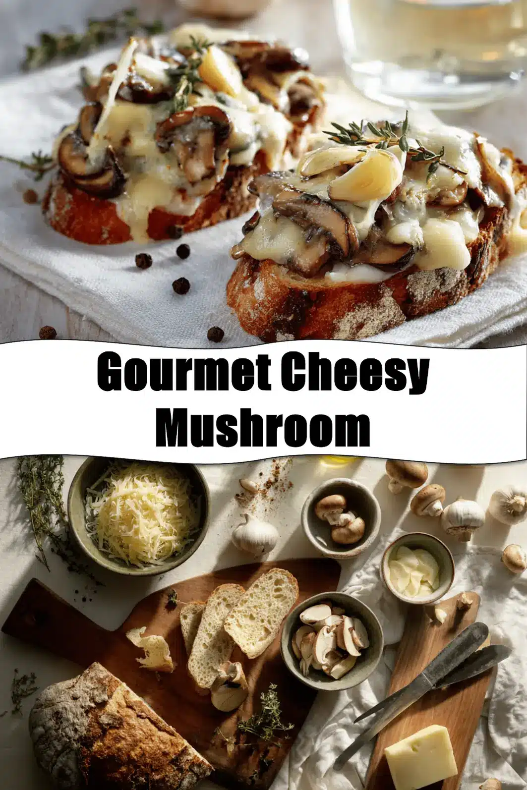 Gourmet Cheesy Mushroom: 5 Irresistible Recipes 2 Gourmet Cheesy Mushroom crostini with melted cheese thyme and olive oil on sourdough_pin