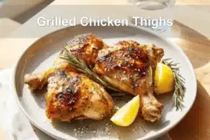 Grilled Chicken Thighs on white napkin with clear water glass warm natural light