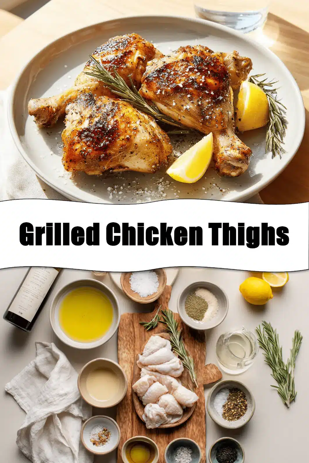 Grilled Chicken Thighs on white napkin with clear water glass warm natural light_pin