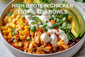 HIGH PROTEIN CHICKEN ENCHILADA BOWLS finished bowl with cottage cheese shredded chicken avocado melted cheese