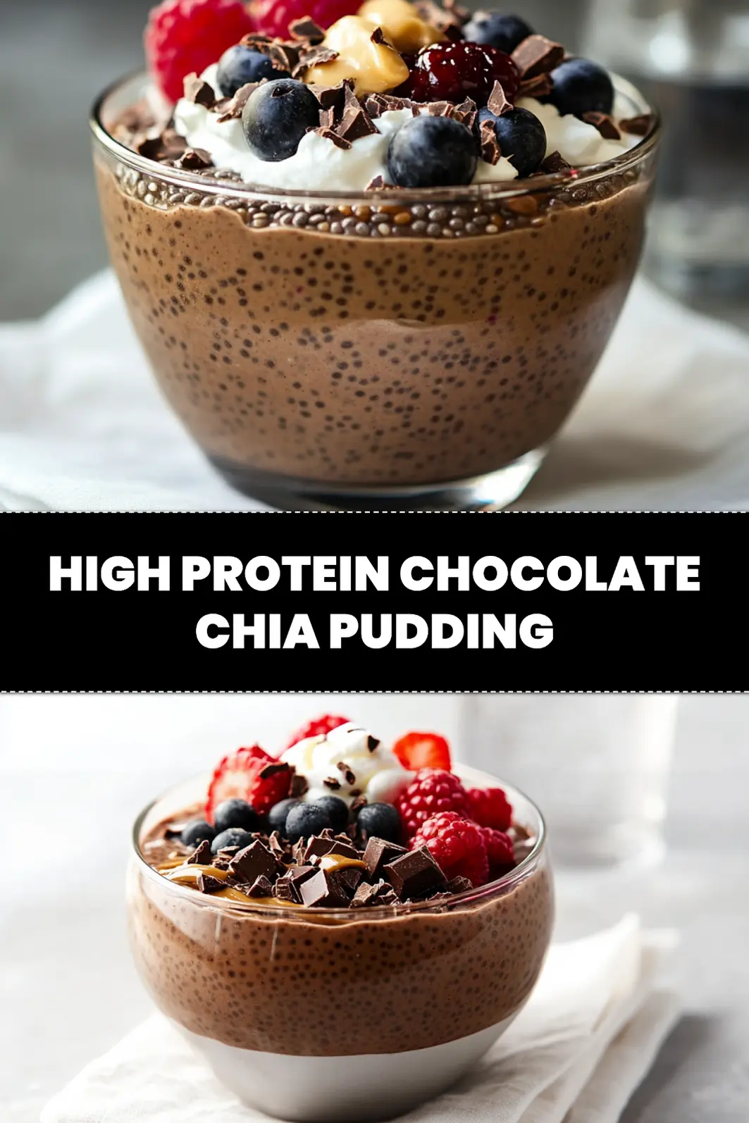 High Protein Chocolate Chia Pudding: Easy Irresistible Treat 3 HIGH PROTEIN CHOCOLATE CHIA PUDDING in a jar topped with berries cacao nibs and coconut whip_pin