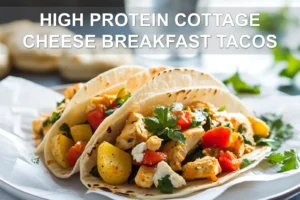 HIGH PROTEIN COTTAGE CHEESE BREAKFAST TACOS plated warmly with chicken pieces mixed vegetables and potatoes