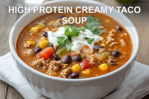 High Protein Creamy Taco Soup: Easy and Delicious Recipe HIGH PROTEIN CREAMY TACO SOUP in bowl with herbs lime wedges and melted cheese