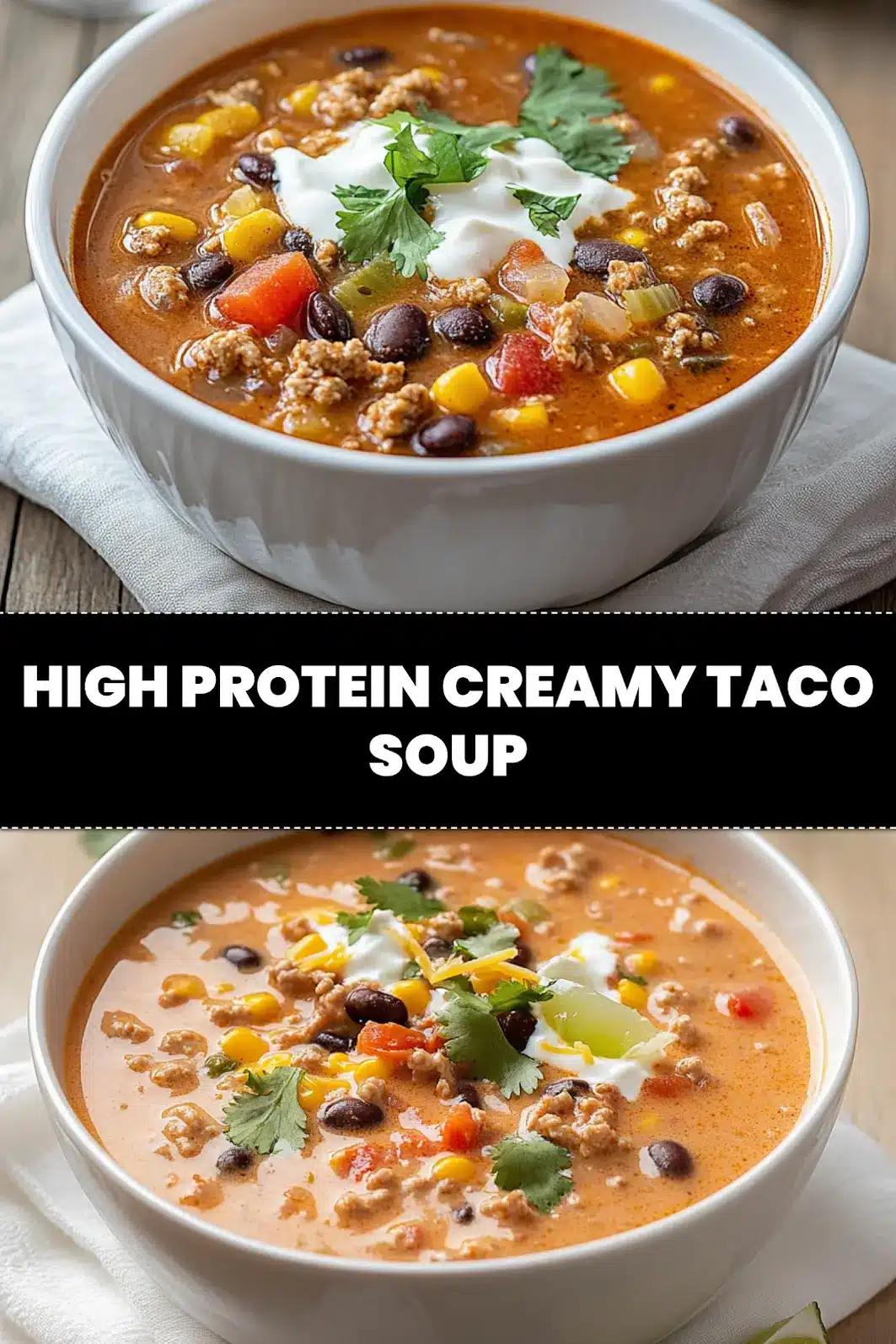 HIGH PROTEIN CREAMY TACO SOUP in bowl with herbs lime wedges and melted cheese_pin