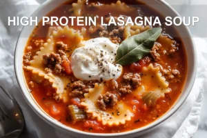 HIGH PROTEIN LASAGNA SOUP overhead bowl with reginetti, warm broth, pressed tomatoes, grated cheese