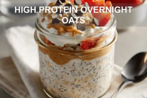 HIGH PROTEIN OVERNIGHT OATS creamy jar with strawberries banana peanut butter and chocolate chips