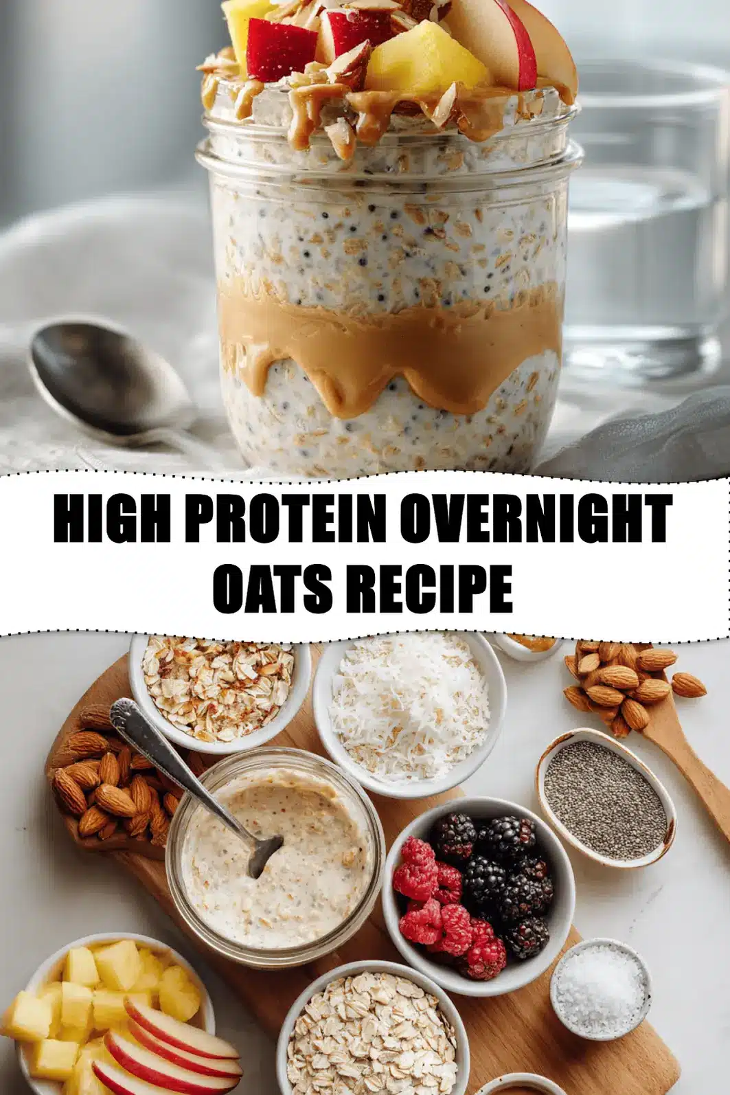 High-Protein Overnight Oats Recipe: Deliciously Easy 2 HIGH PROTEIN OVERNIGHT OATS RECIPE creamy jar with berries and coconut warm natural light_pin