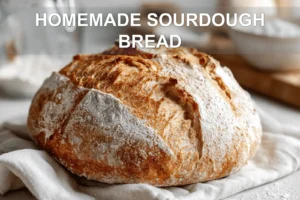 HOMEMADE SOURDOUGH BREAD golden crust loaf on white cloth with starter and glass of water