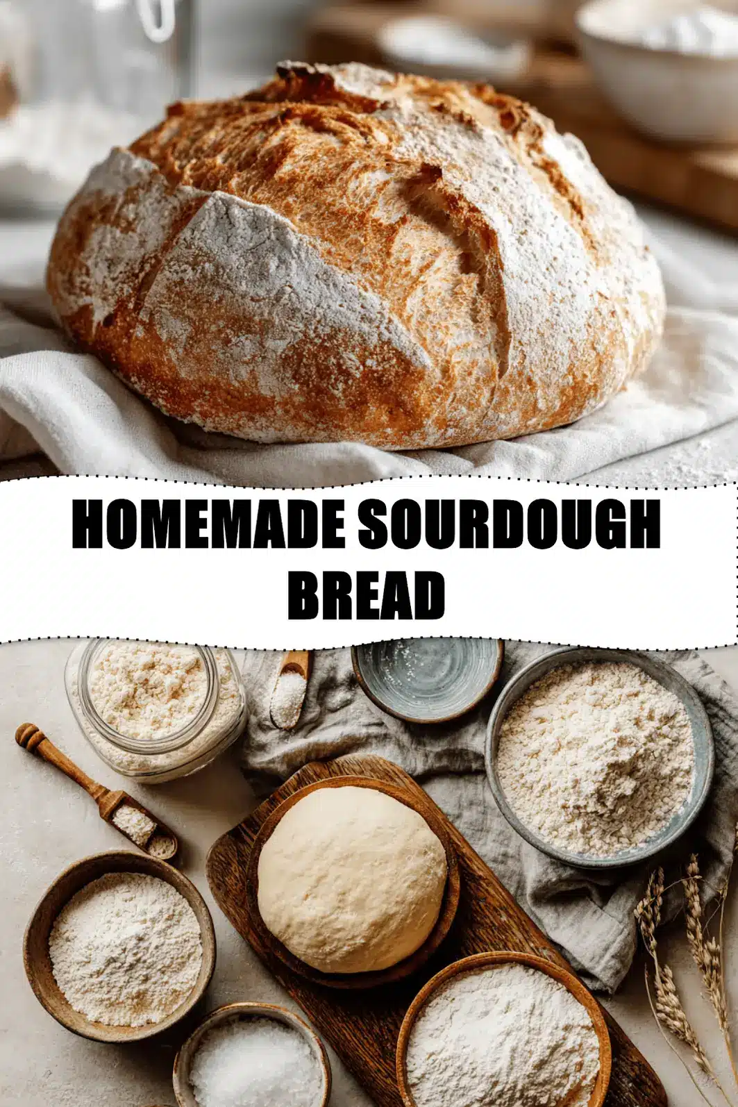 HOMEMADE SOURDOUGH BREAD golden crust loaf on white cloth with starter and glass of water_pin