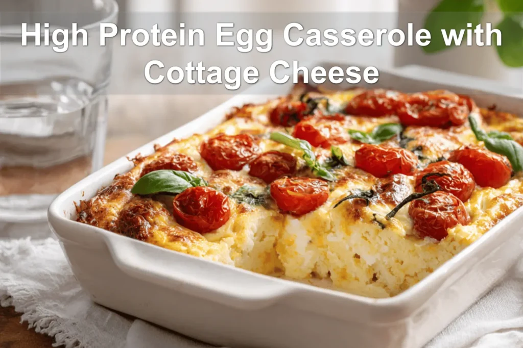 High Protein Egg Casserole with Cottage Cheese baked golden topped with cherry tomatoes and basil