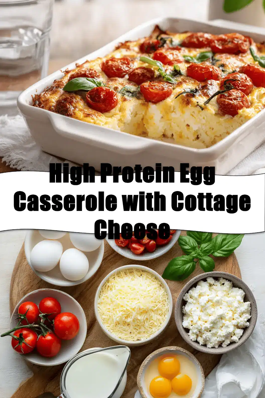 High Protein Egg Casserole with Cottage Cheese baked golden topped with cherry tomatoes and basil_pin