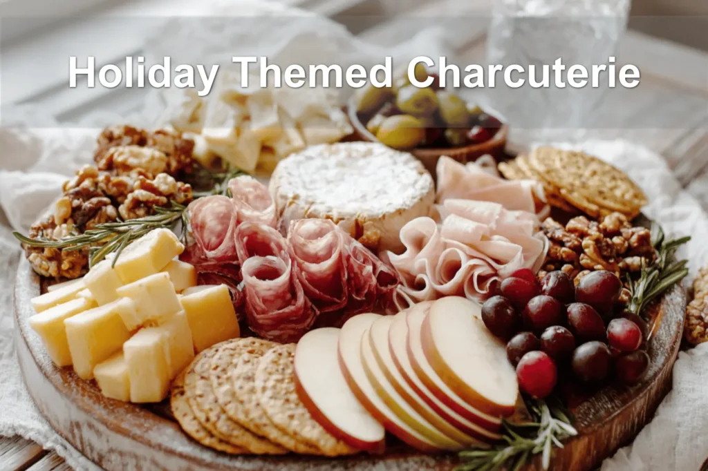Holiday Themed Charcuterie board with salami prosciutto aged cheddar brie grapes apples and herbs