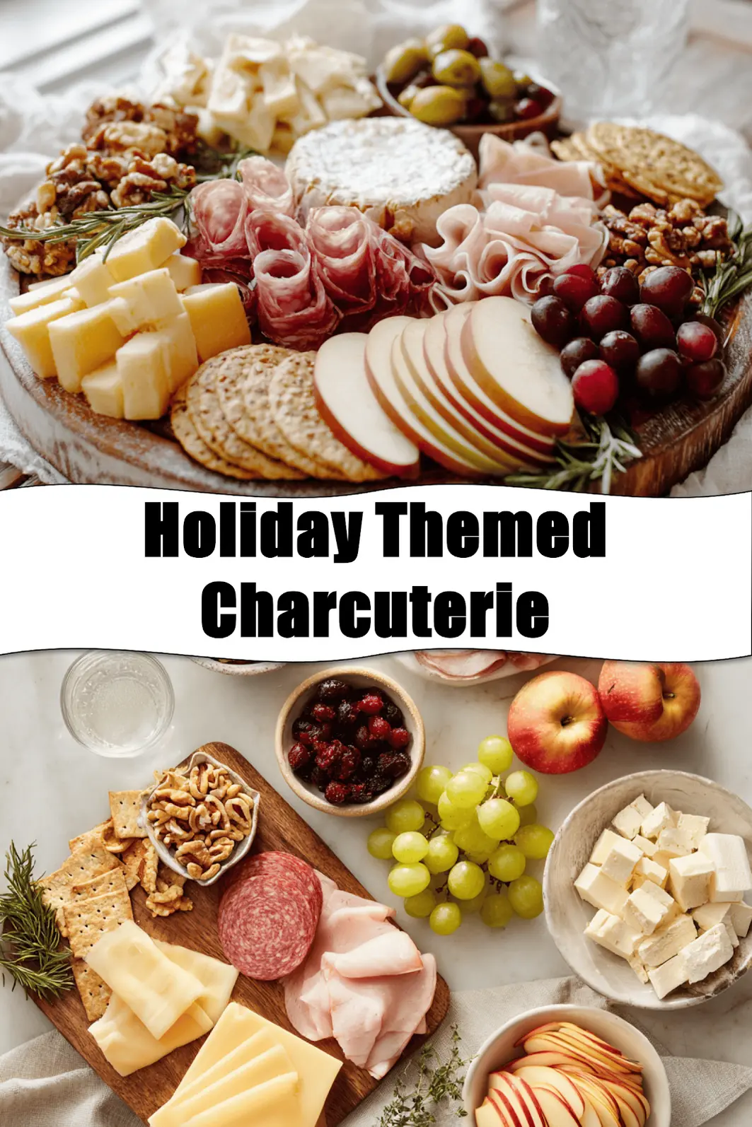 Holiday-Themed Charcuterie: Easy and Irresistible Ideas 2 Holiday Themed Charcuterie board with salami prosciutto aged cheddar brie grapes apples and herbs_pin
