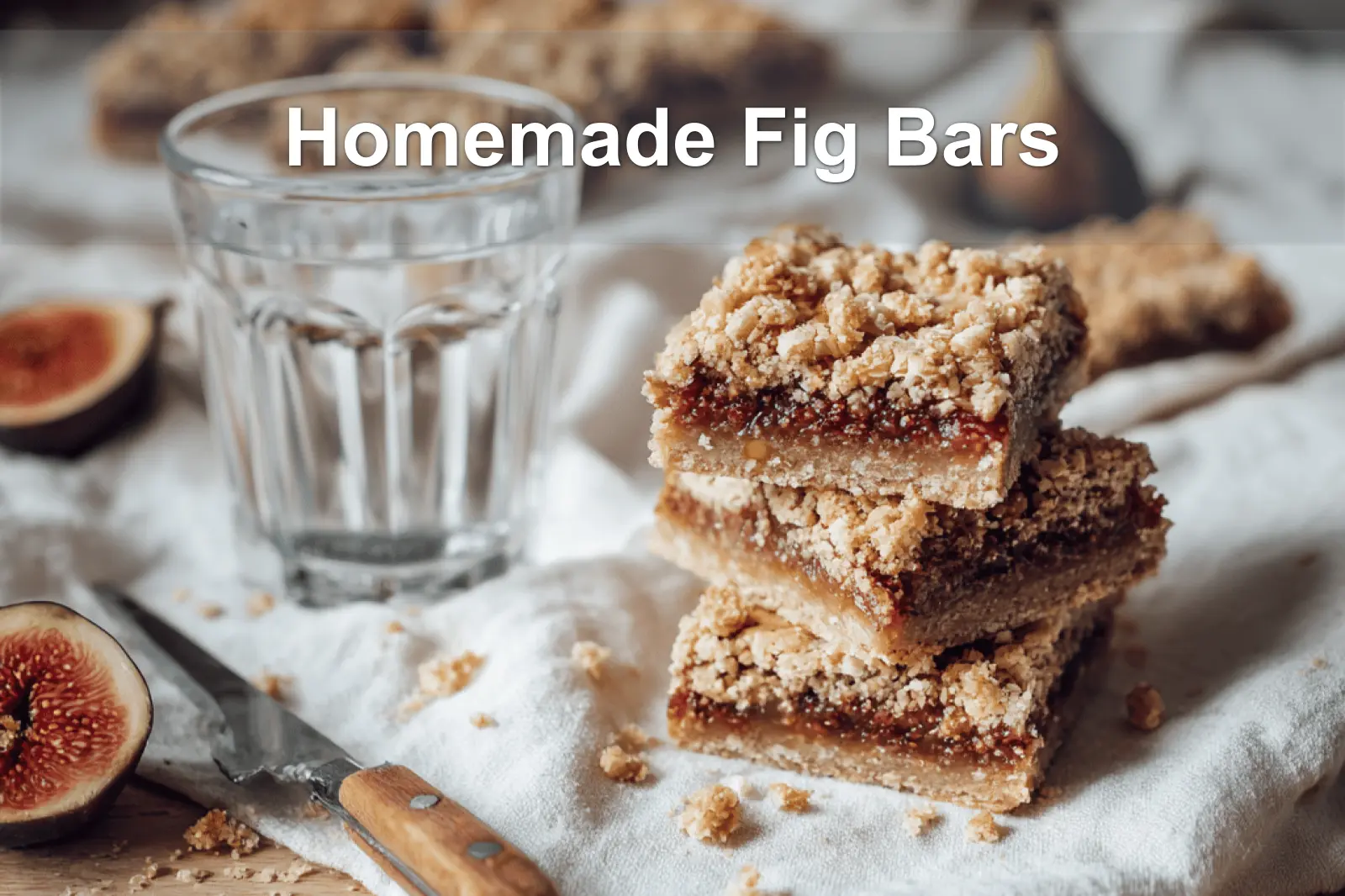 Homemade Fig Bars golden oat crust with fig jam filling styled on white cloth beside water