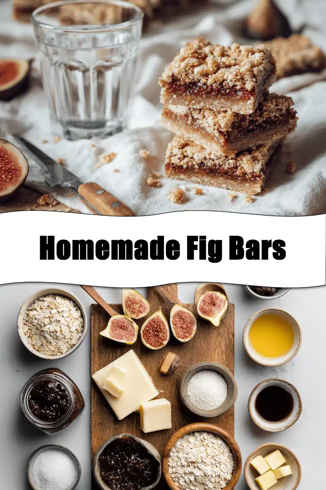 Homemade Fig Bars golden oat crust with fig jam filling styled on white cloth beside water_pin