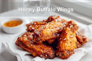 Honey Buffalo Wings on white cloth with clear water glass warm golden glaze and seasoning