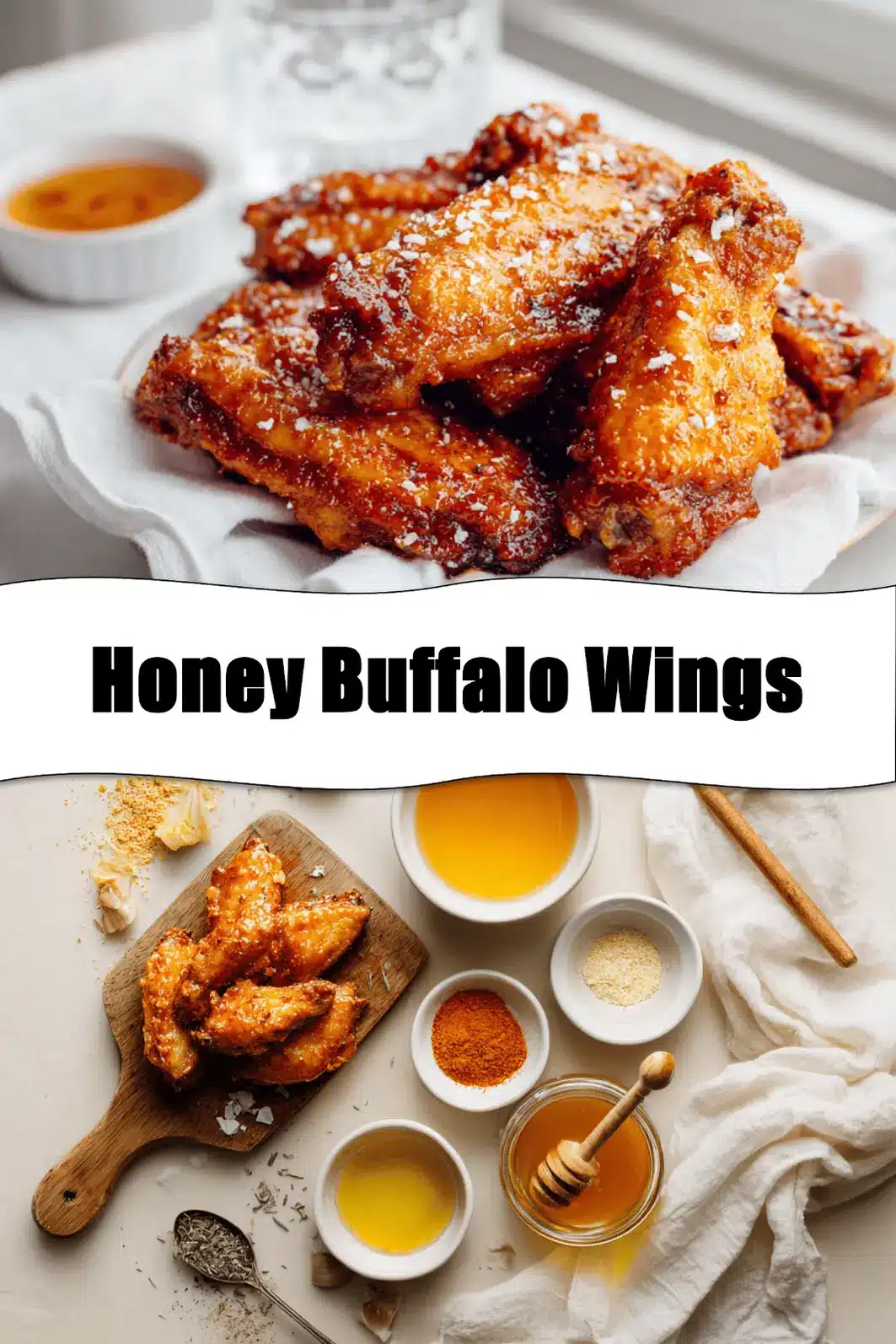 Honey Buffalo Wings: Easy and Irresistibly Delicious 2 Honey Buffalo Wings on white cloth with clear water glass warm golden glaze and seasoning_pin