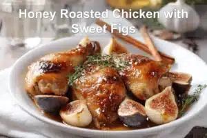 Honey Roasted Chicken with Sweet Figs plated on white cloth napkin with figs and honey jar