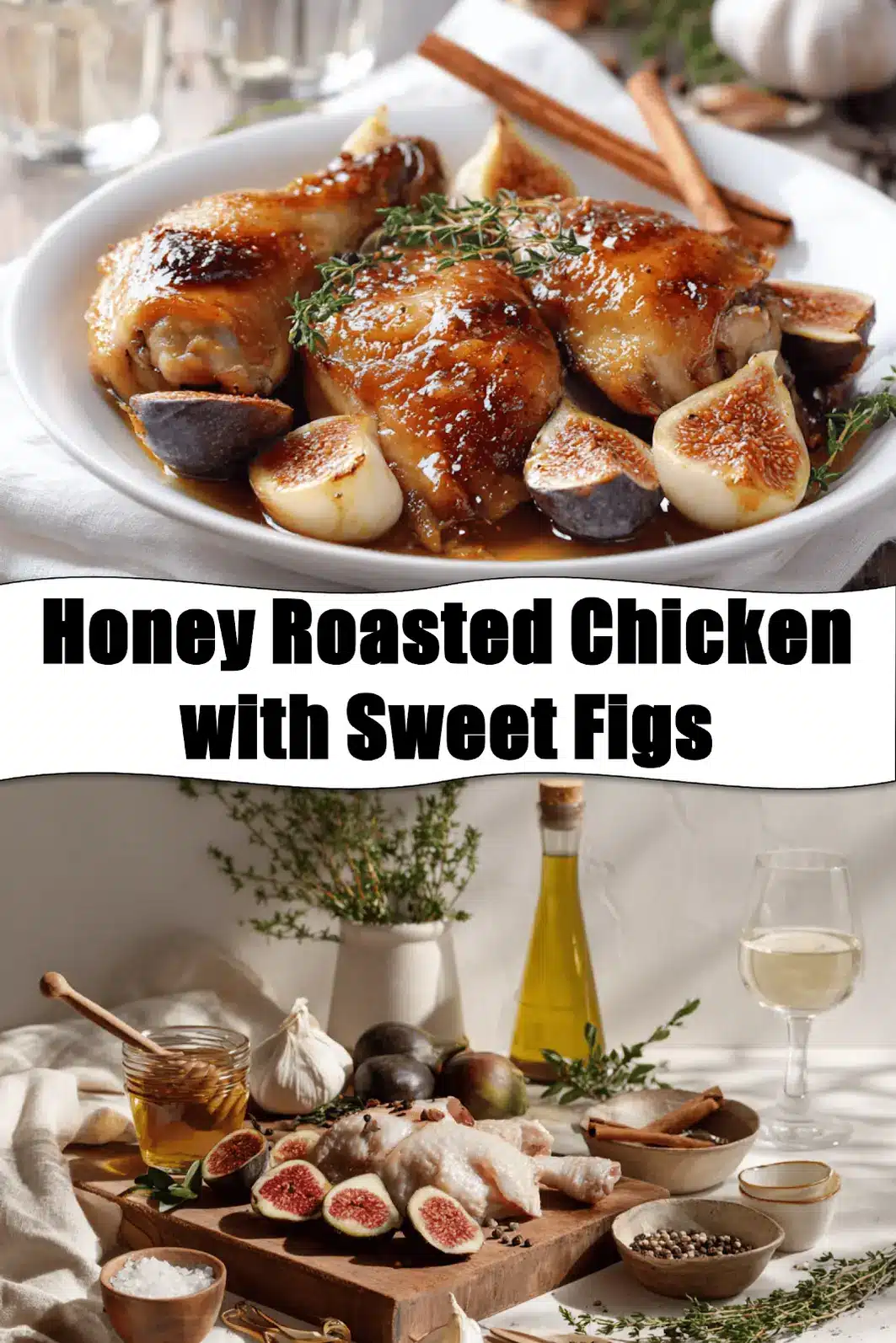 Honey Roasted Chicken with Sweet Figs plated on white cloth napkin with figs and honey jar_pin