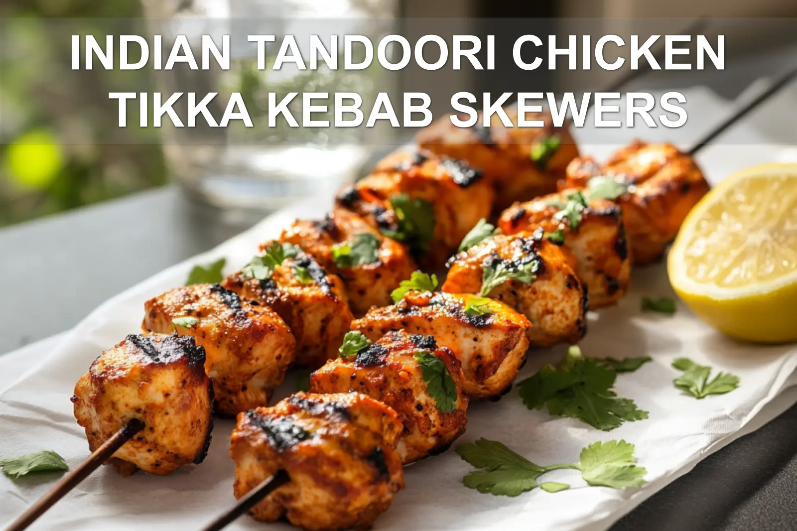 Indian Tandoori Chicken Tikka Kebab Skewers: Easy and Delicious Recipe 4 INDIAN TANDOORI CHICKEN TIKKA KEBAB SKEWERS on skewers with lemon halves and fresh herbs