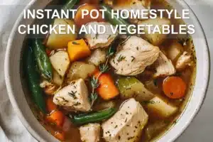 INSTANT POT HOMESTYLE CHICKEN AND VEGETABLES comforting stew in a warm inviting overhead hero photo