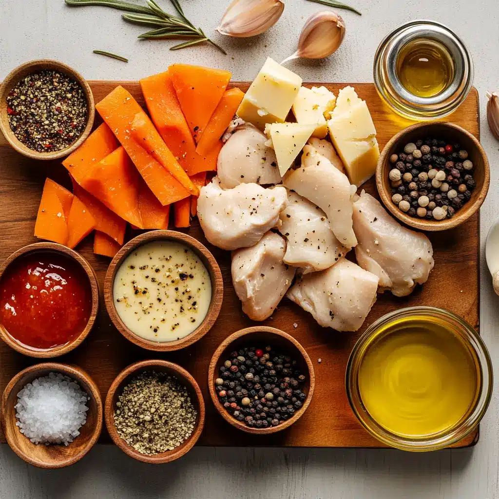 AIR FRYER BONELESS CHICKEN BITES plated close up with roasted vegetables and dipping sauces warm light
