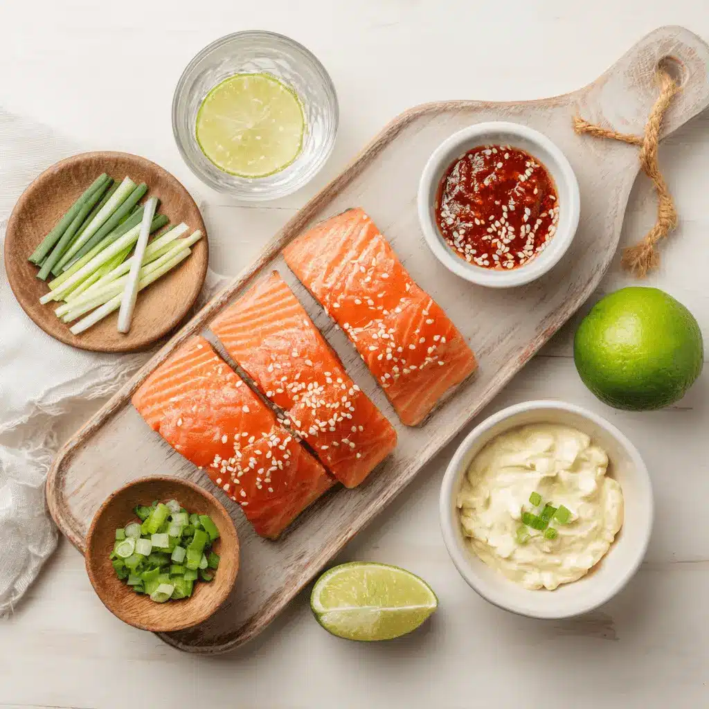 Air Fryer Bang Bang Salmon plated with sesame seeds lime wedges and green onions