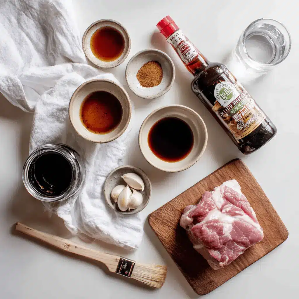 Air Fryer Char Siu Pork sliced glazed on white napkin with clear glass of water