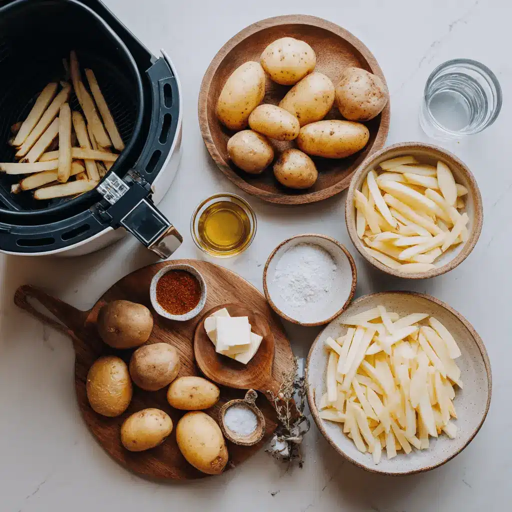 Crispy Air Fryer French Fries on white napkin with clear water glass and warm tones