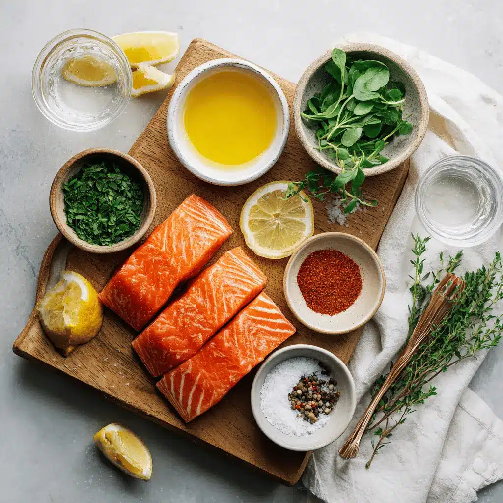 Air Fryer Salmon on ceramic plate with lemon wedges and fresh herbs