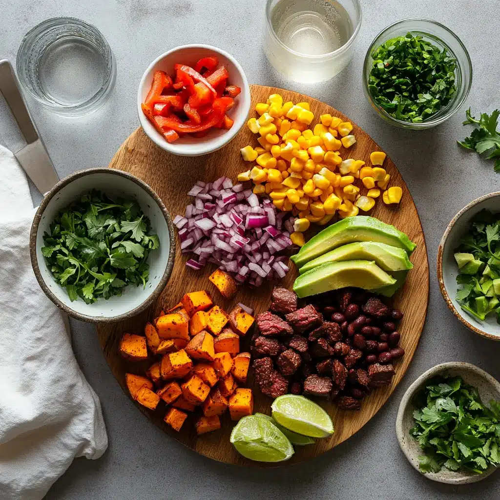 BEEF AND SWEET POTATO POWER BOWL with seared sirloin roasted sweet potato avocado black beans corn